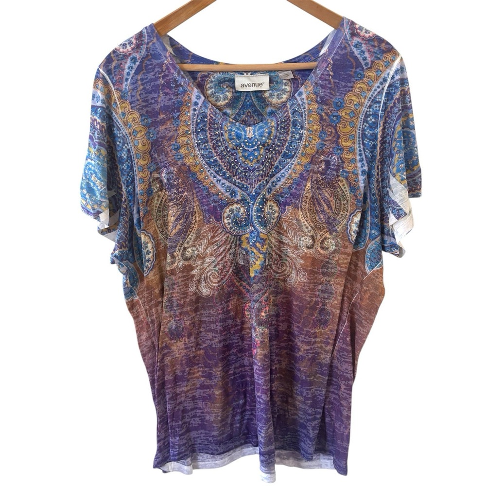 Vtg Avenue Womens Top Size 22/24 Whimsigoth Celestial Beaded Art Colorful Hippie